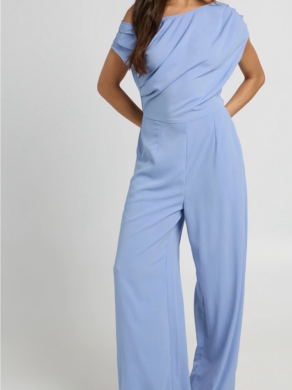 Boohoo Light Blue One-Shoulder Wide-Leg Jumpsuit